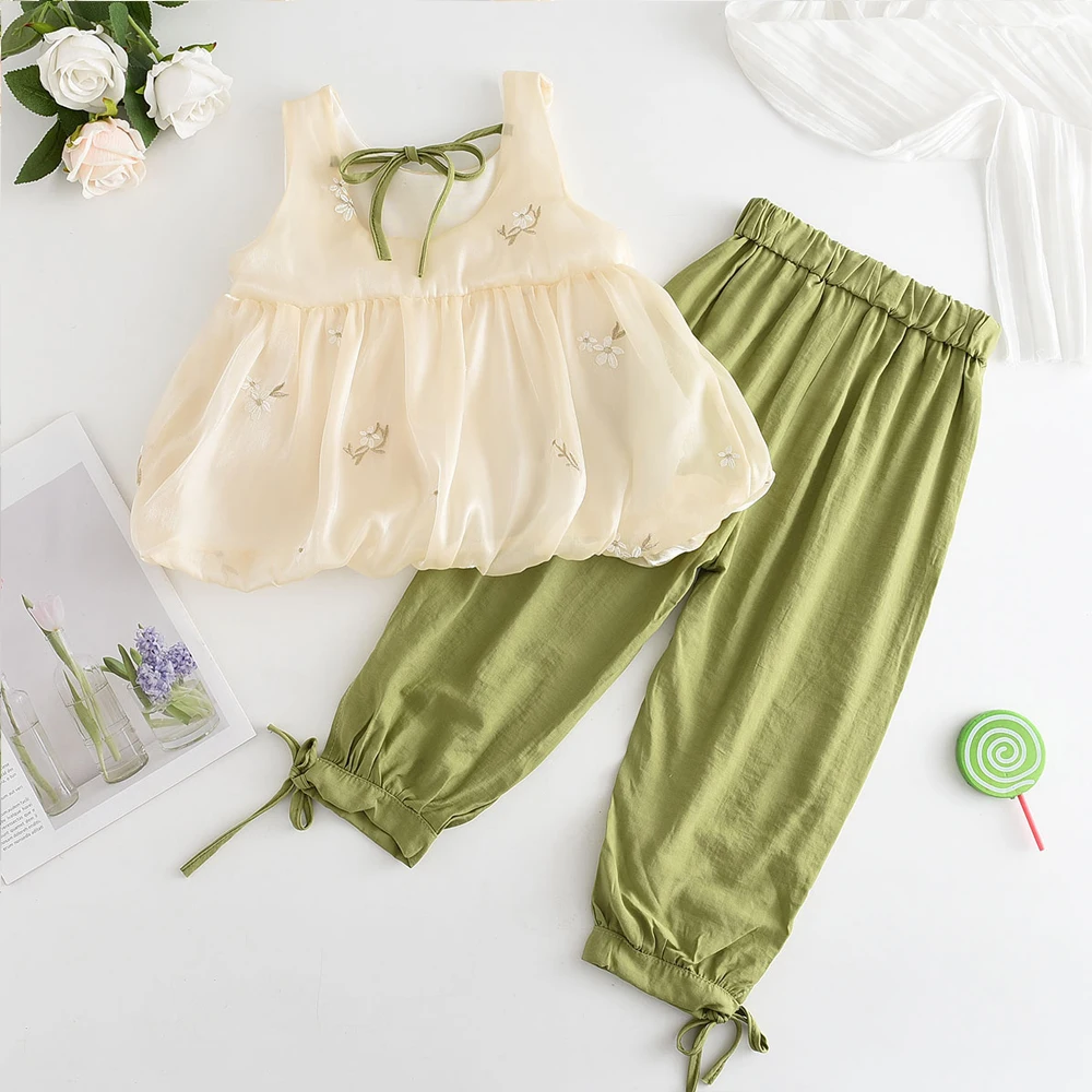 Toddler Girls Clothing Set New Summer Hollow Suspenders Vest Green Tops +Pants Outfits Kids Girls Clothes Children Casual Suits