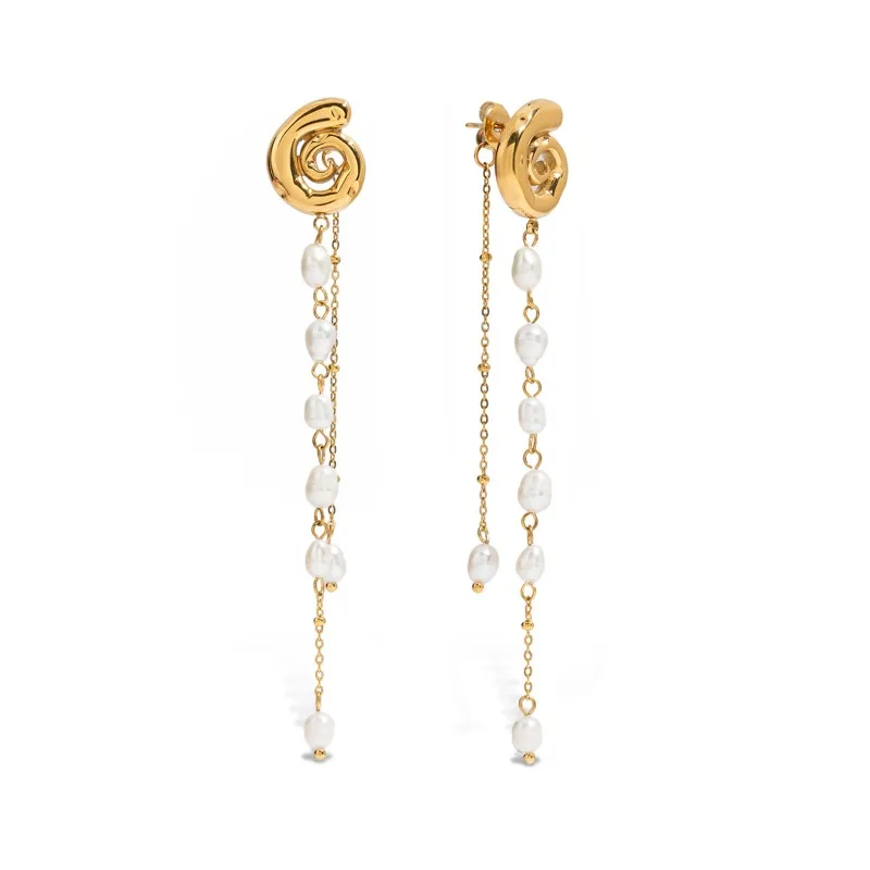 

Minar Retro Freshwater Pearl Metal Twisted Spire Long Chain Tassel Drop Earrings for Women Stainless Steel 18K Gold PVD Plated