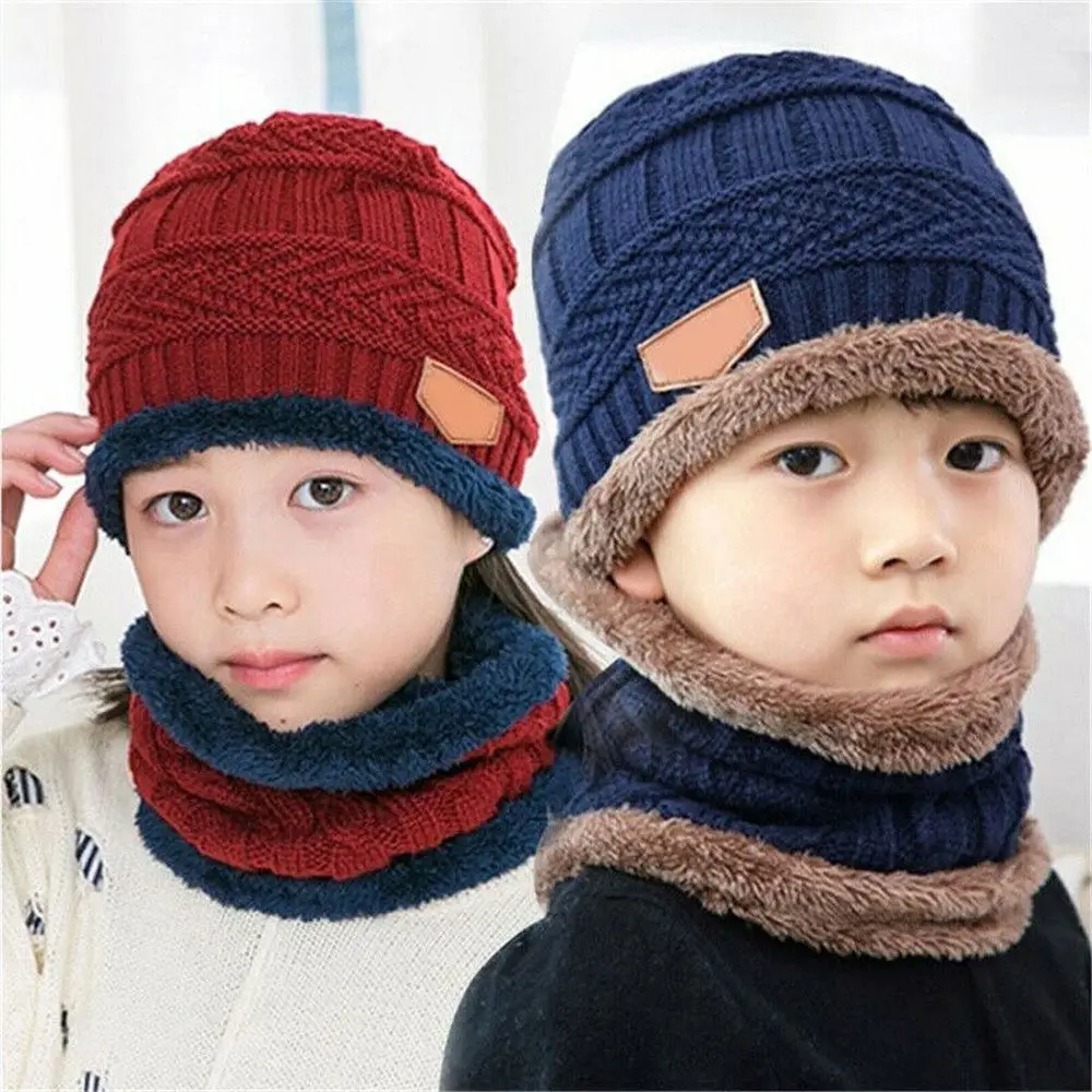 

Kids Beanie Warm Hat Scarf Set Neck Cover Winter Fleece Knitted Thick Ski Cap