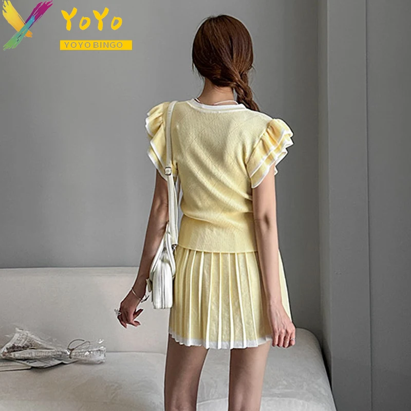 Formal Knit Set Yellow Plaid Lotus Sleeve O-neck Top+ Pleated Skirt Summer Elastic Slim Fit Office Lady Sweater 2 Pieces Suit