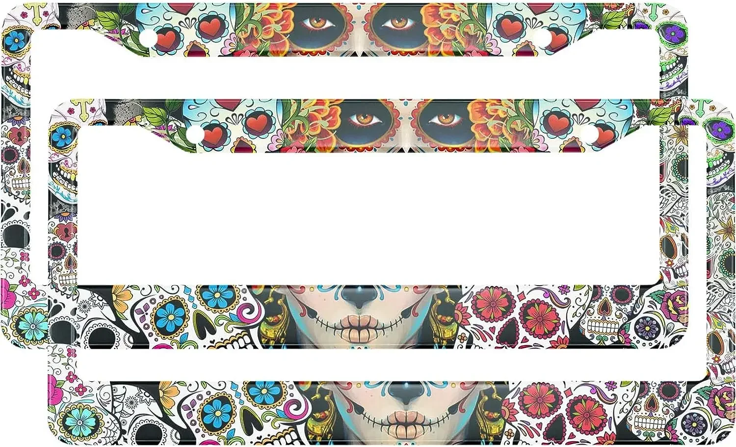 Pink Floral Skull Girl License Plate Frame 2 Pack License Plate Holder with 2 Holes Car Tag Frame for Women Men US Vehicles