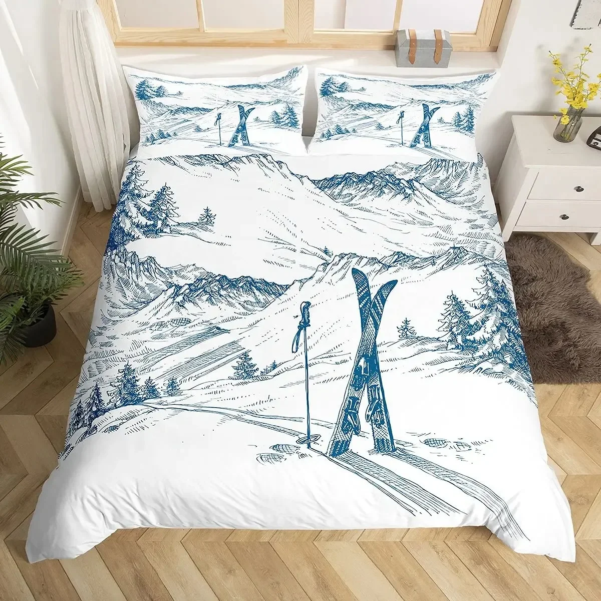 

Ski Sports Duvet Cover Set Full Size Winter Sports Skiing Bedding Sets Snow Mountain Landscape Comforter Cover for Boys Girls