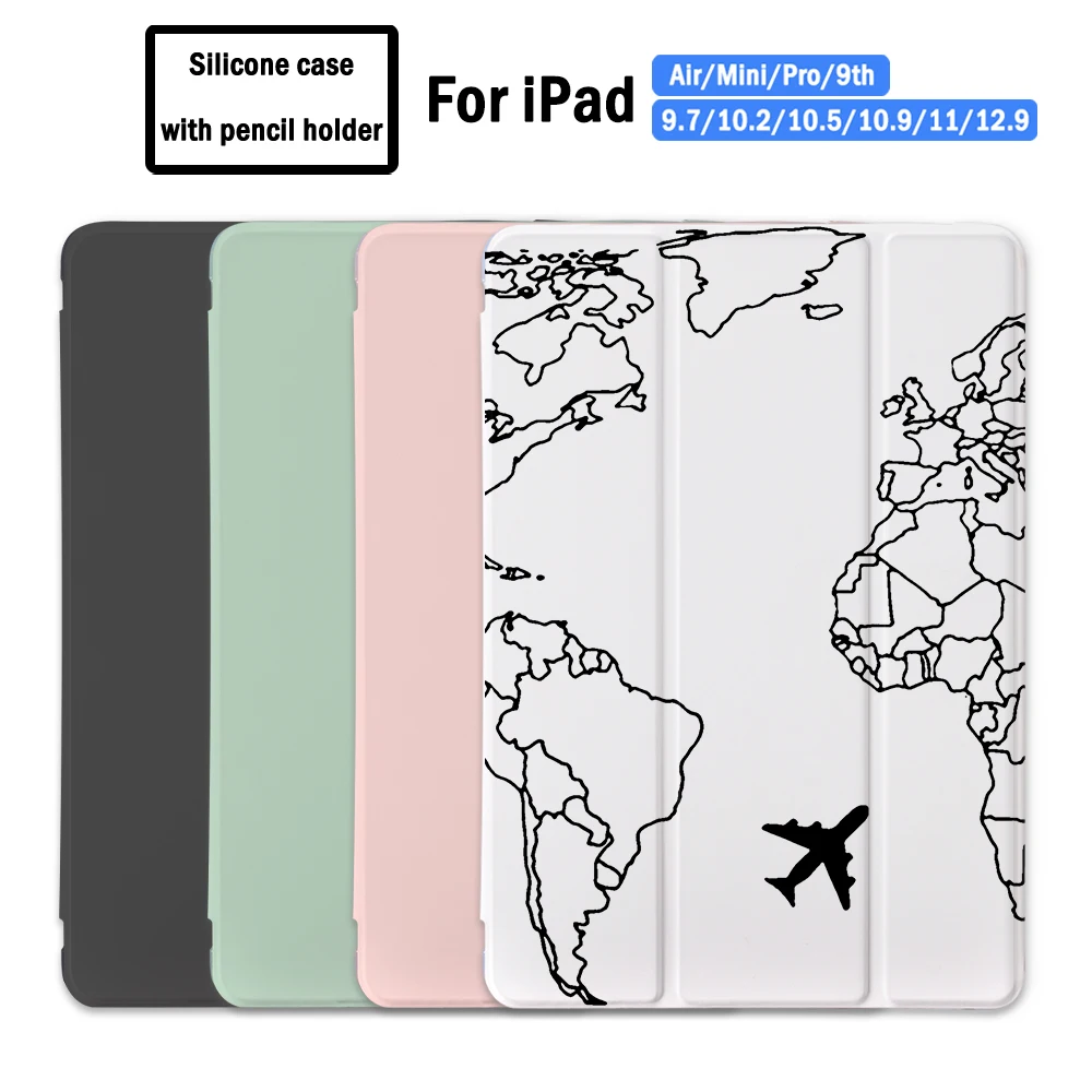 

World Travel Design for iPad Air 4 Case With Pencil Holder 10.2 8th 2020 7th Pro 12.9 11 2021 Air 4 3 2 Mini 6 5 Silicone Cover