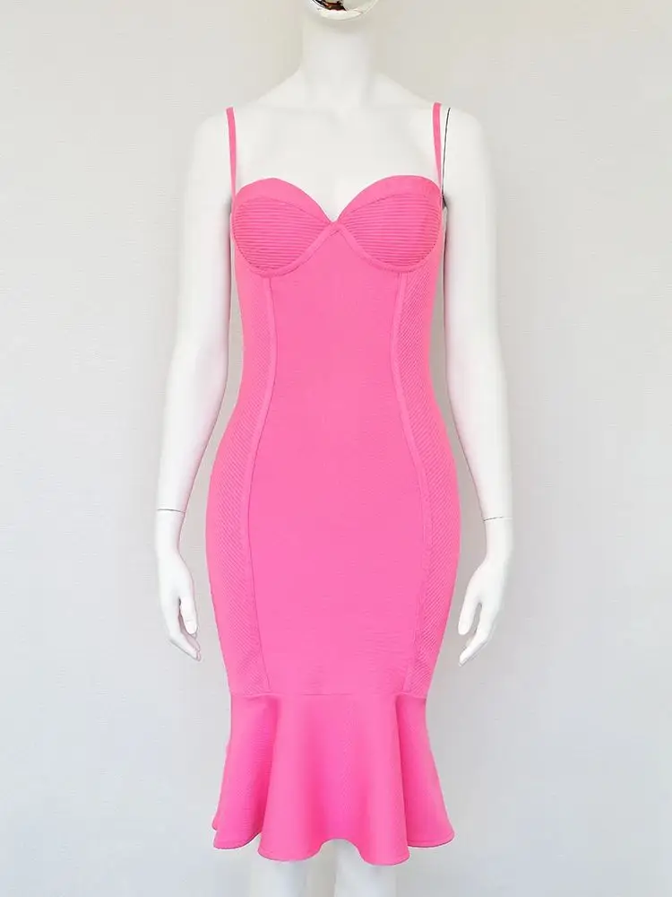 جديد السباغيتي الوردي مثير المرأة الكشكشة ضمادة فستان بوستير ذيل السمكة الفاخرة فستان الحفلات سيدة ميسي سليم Vstidos مساء