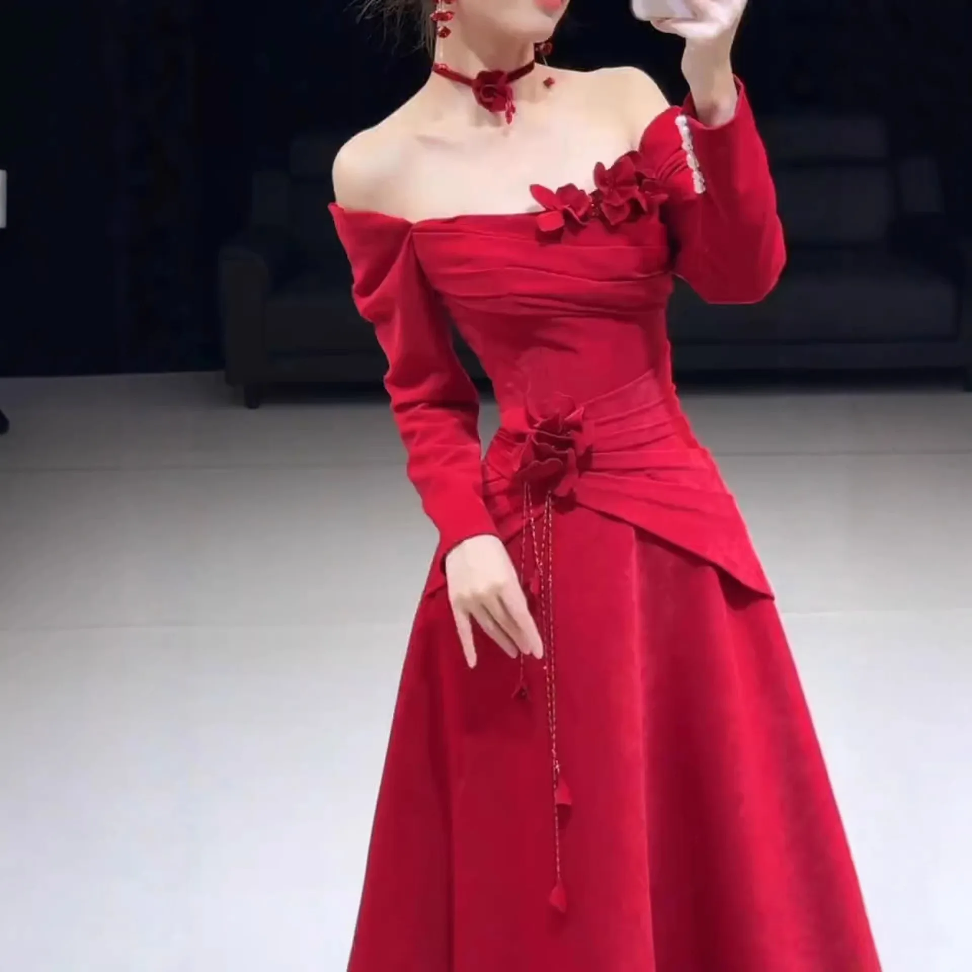 

Bridal Evening Dress Shoulder Red Dress Women's Spring Long-sleeved Dress