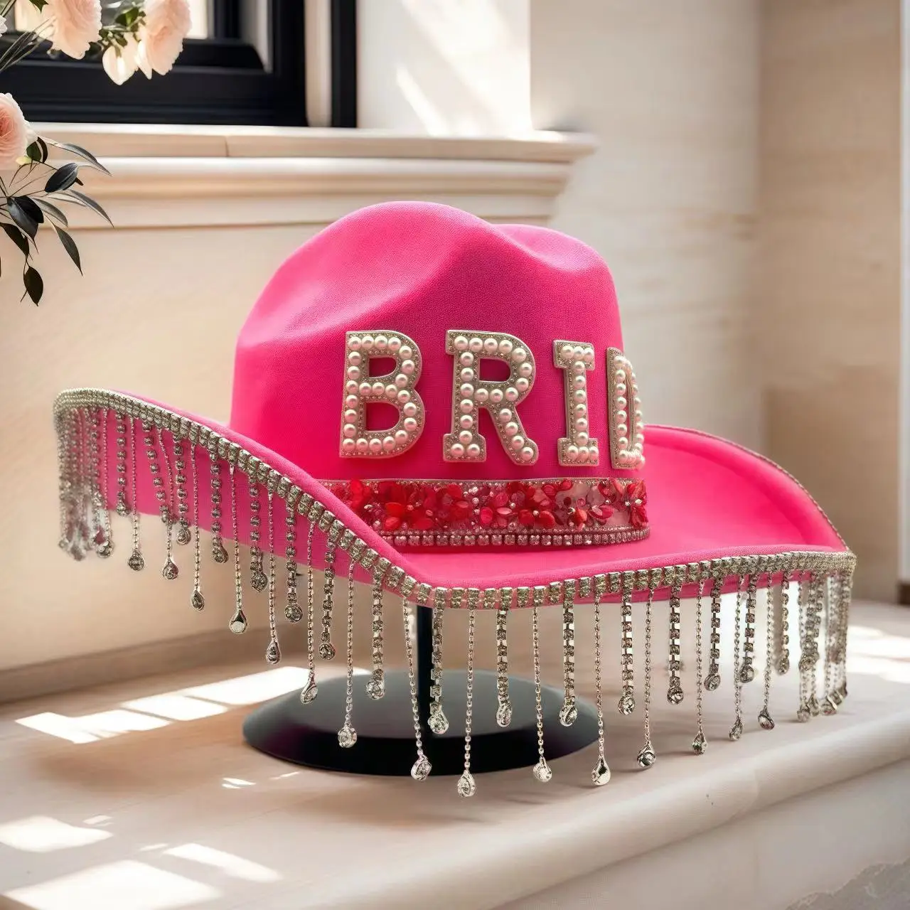 HongLuan roze bruiloft kostuum hoed volwassene, cowboyhoeden strass voor vrouw, cowboy cosplay vrouwelijke accessoires en cowgirl pet