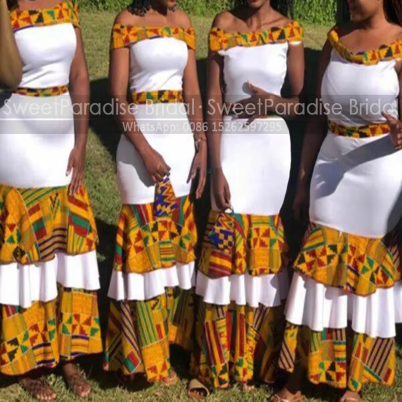 

Tiered Trumpet Bridesmaid Dresses Customized Boat Neck Print Wax Mermaid Long Ankle Length Wedding Party Dress African Women