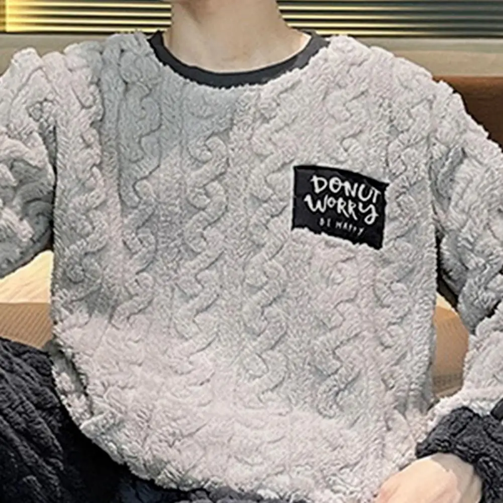 

2025 M-L Men Winter Pajamas Set Thick Twisted Texture Loose Elastic Waist Warm Pockets Solid Color Men Homewear Top Pants Set
