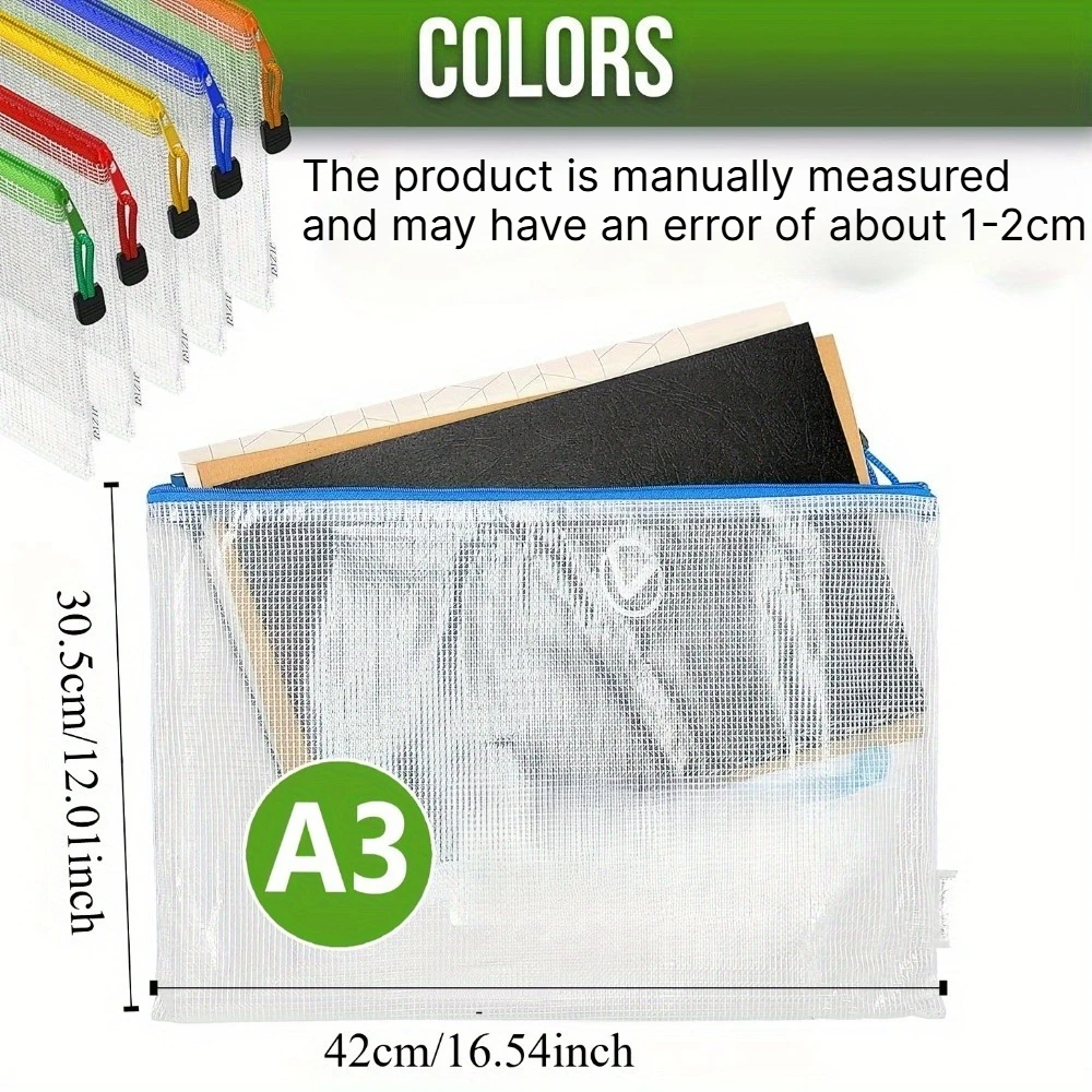 7pcs Random A3 Extra Large Transparent Mesh Zipper Pouches,Equipped with Reinforced Zippers,Multipurpose Storage for Posters