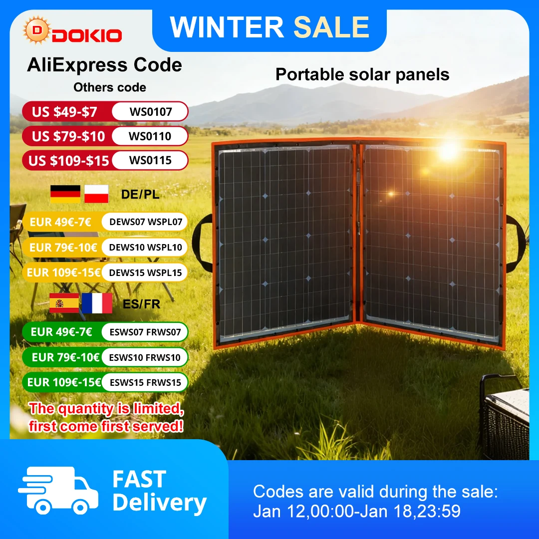 Dokio 100W 18V Flexible Foldable Solar Panel with 12V Controller and USB –
