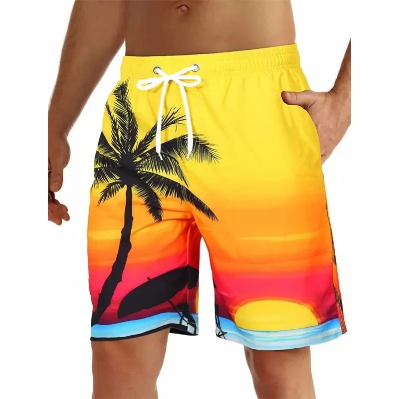 Men's Beach Shorts, Drawstring Design 3D Printed Coconut Tree Pattern, Breathable Quick-Drying Shortsevz