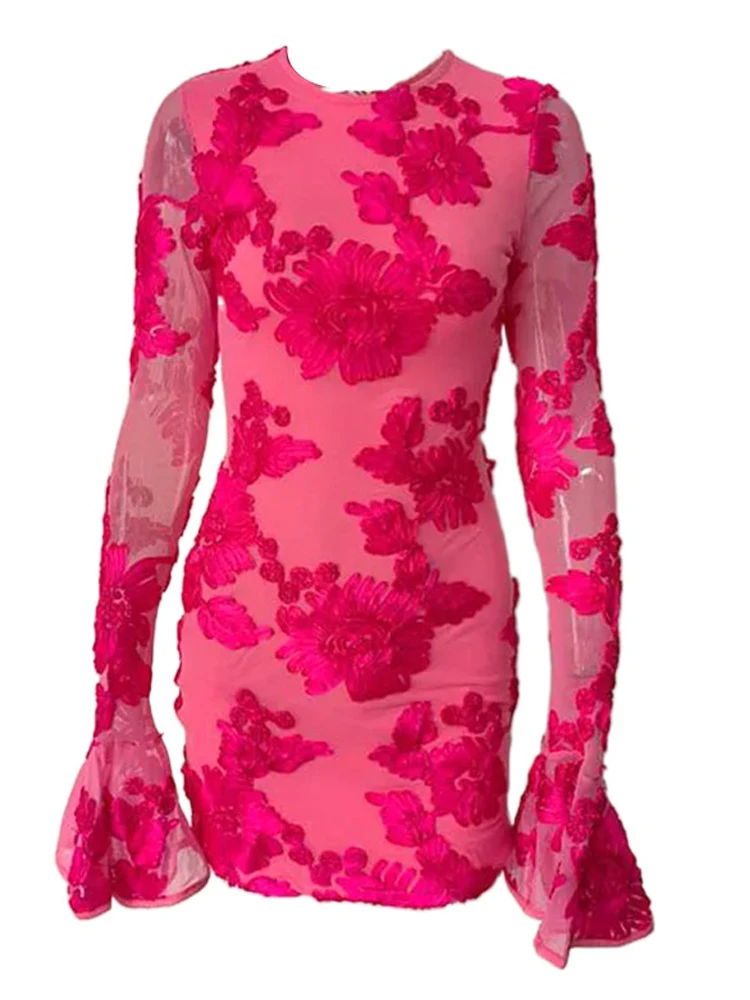 Beyprern Glam Rose Roze Bloemen Backless Korte Feestjurk Elegante Feestjurken Voor Vrouwen Lange Mouw Geborduurde Verjaardagsjurk