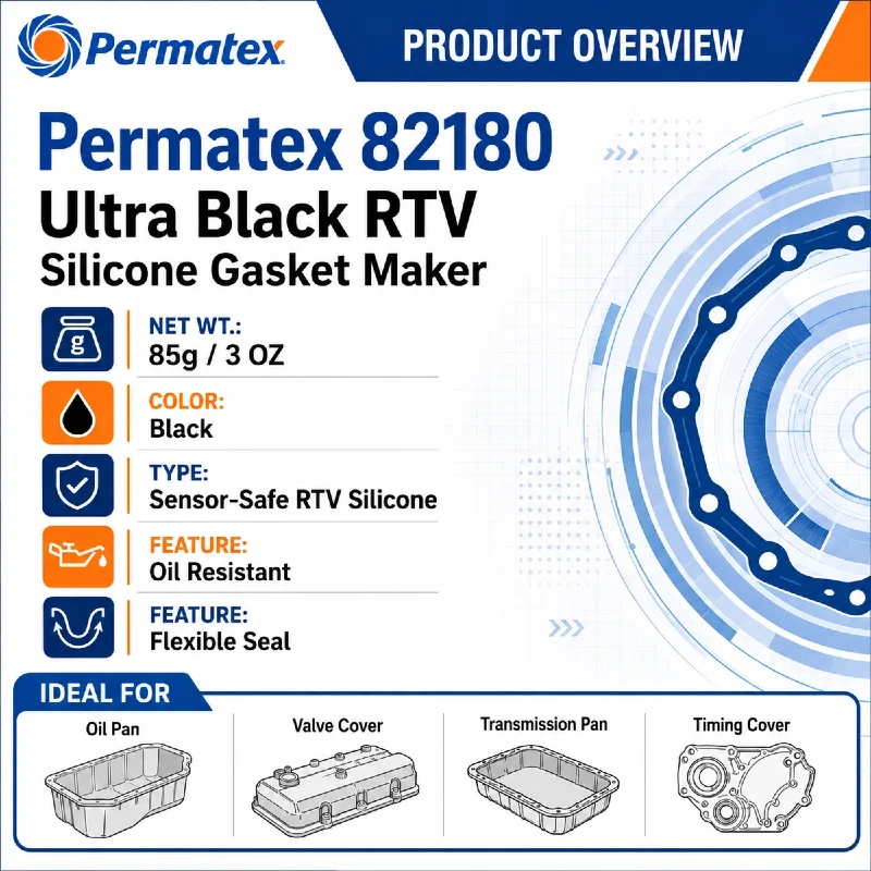 Permatex 82180 Ultra Black RTV Silicone Gasket Maker Oil Resistant Sensor Safe Sealant for Oil Pan Valve Cover 85g