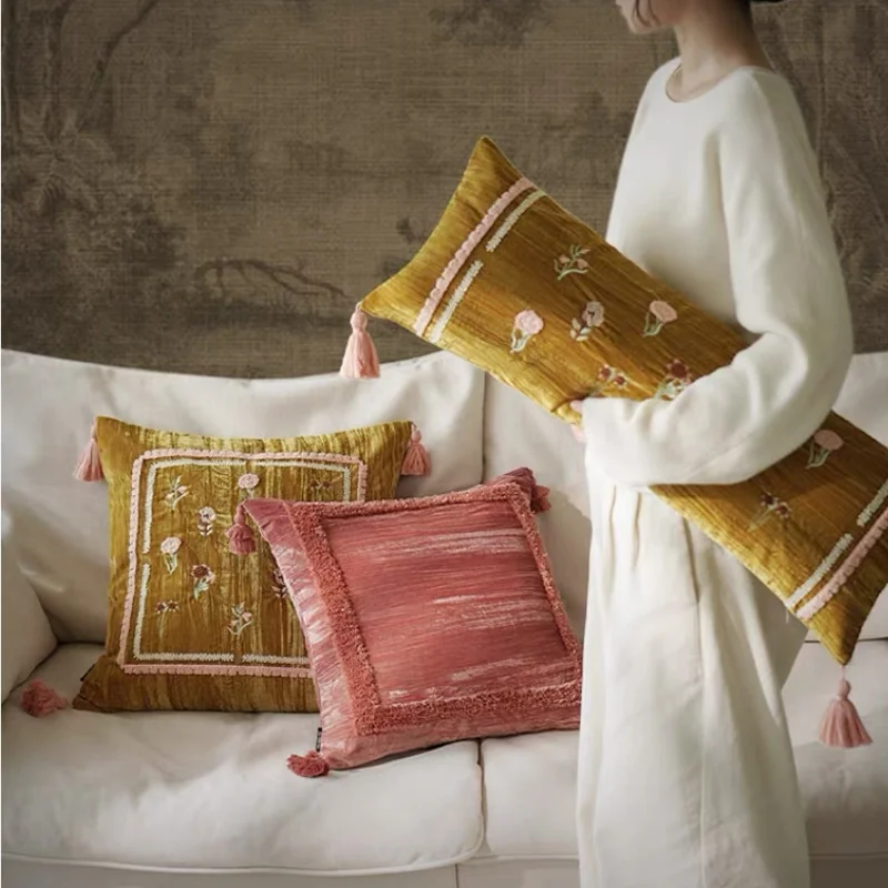 Retro Chinese Golden Pillow Cover Set Velvet Floral Embroidery & Fringe Trim Cushion Cases Warm Tone Cottage Sofa Bedroom Decor