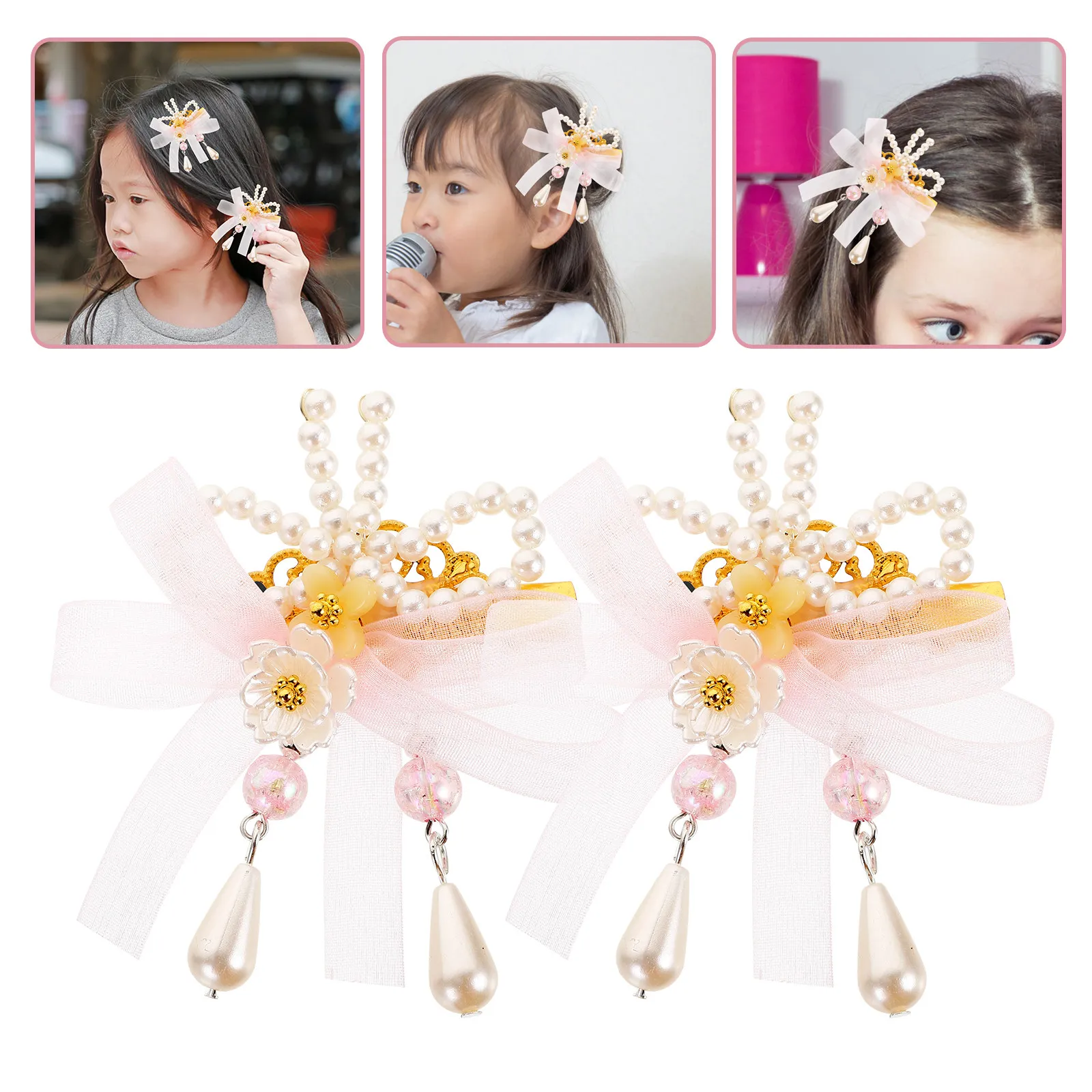 

2Pcs Kids Hair Clips Flower Pearl Tassel Hair Accessories Lightweight Cute Hairpins for Women Girls Wedding Party Decoration