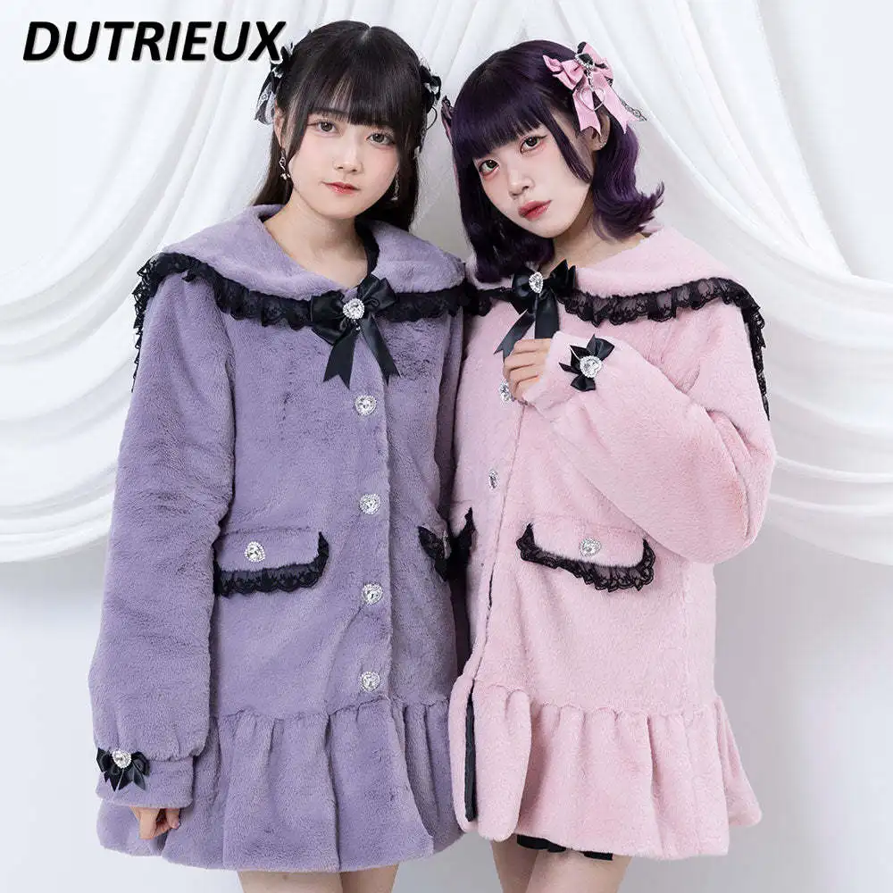 Japanese Sweet Lolita Furry Coat Loose Mid-Length Cotton Jacket Women\'s Elegant Lace Up Sailor Collar Drill Buckle Coats Winter