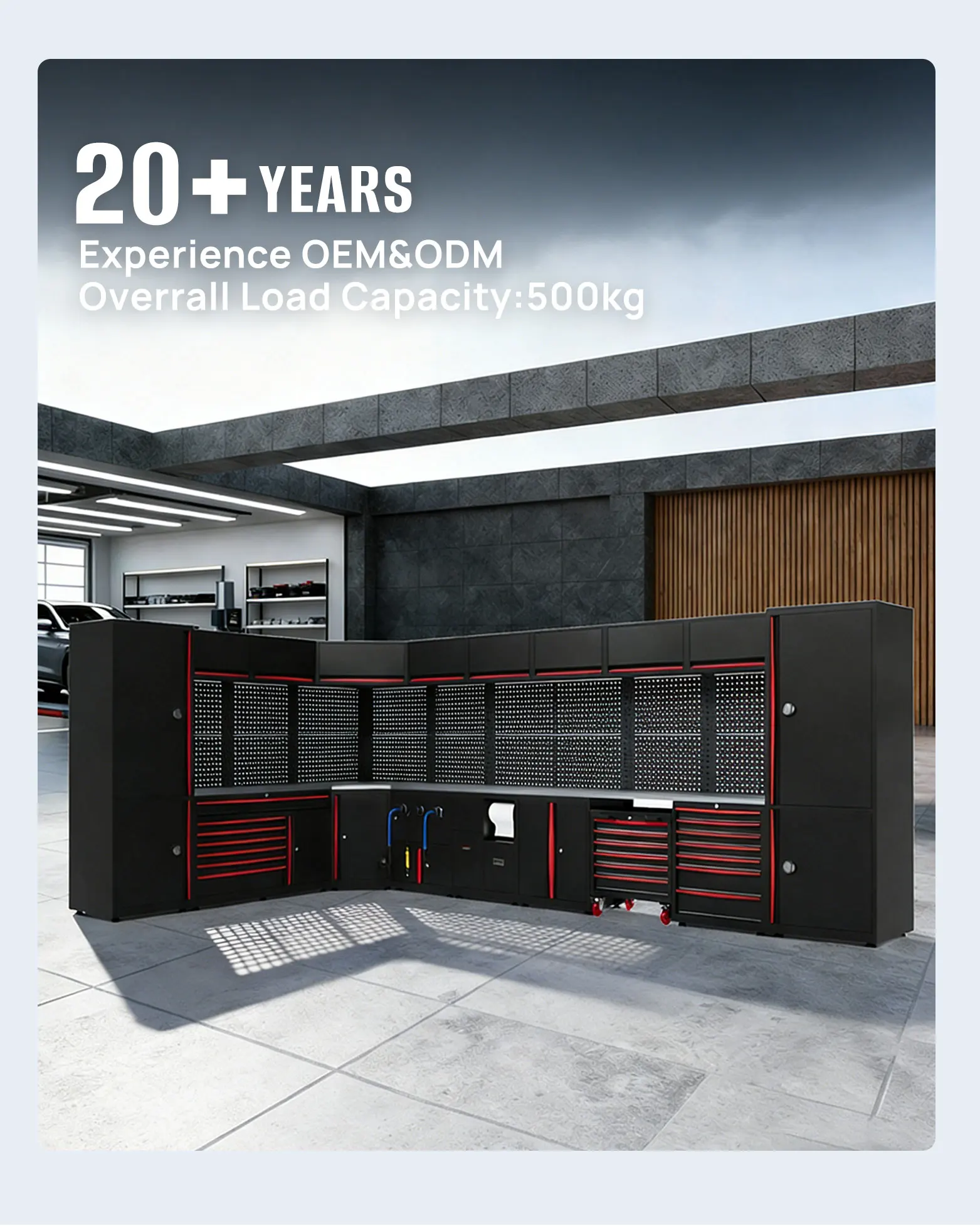 Customizable Modular Cold Rolled Steel Tool Cabinet Set Auto Repair Workshop 500KG Garage Workstation Drawers Pegboard OBM