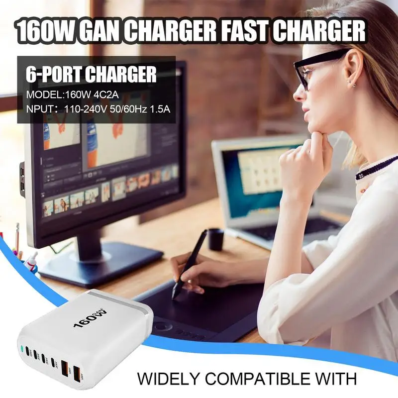 

USB Charging Station 160W Fast Charging Charger with 6 Ports Lower Operating Temperature USB Charger for Computer Tablet Desk