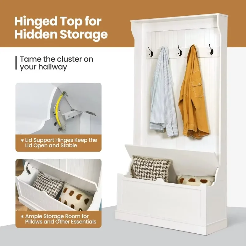 

3-in-1 Coat Rack with 5 Double Hooks and Anti-Toppling Strip, Storage Bench with Bottom Storage Organizer for Hallway, Bedroom
