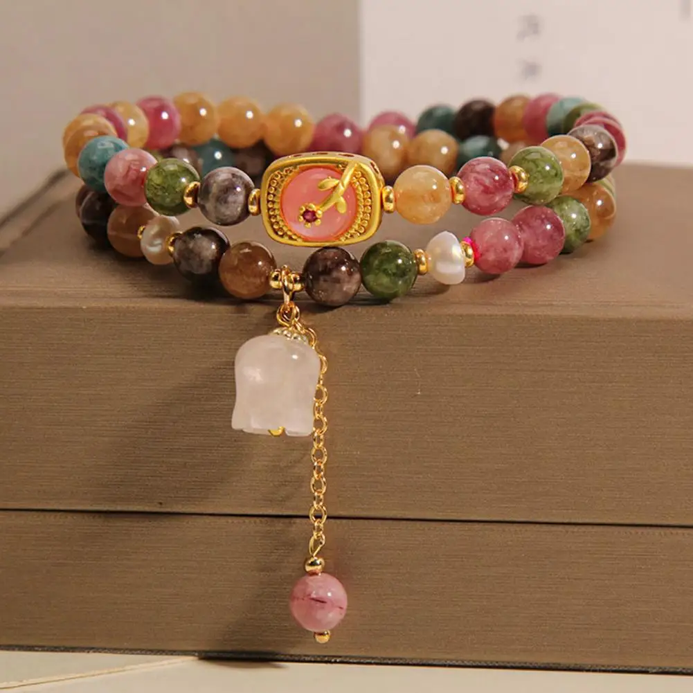 

Semi-precious Stone Jewelry Elegant Vintage Faux Pearl Tourmaline Bracelet for Women Colorful Elastic Luxury Jewelry to Enhance