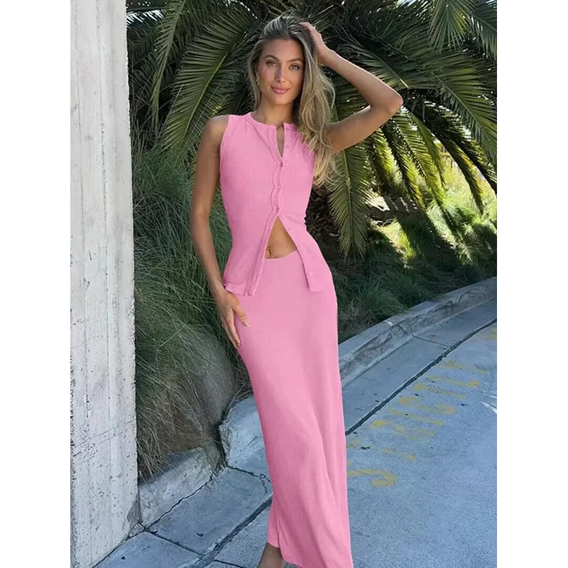 بدلة متطابقة من A Bear's Home Dulzura بدون أكمام مضلعة واحدة الصدر قميص ماكسي تنورة 2024 لربيع وصيف المرأة 2025 جديد