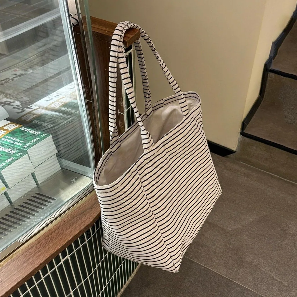 Women'S Tote Bag Soft Striped Handbag Open Top Handbag Breathable Shopping Bag For Carrying Books Daily Commute Shopping