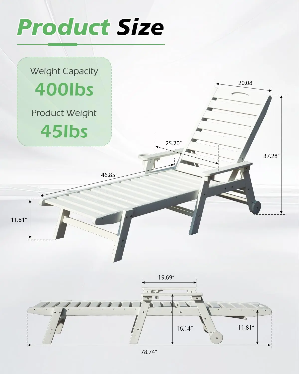 HDPE Outdoor Chaise Lounge Chair Adjustable Poolside Deck Lounger with Wheels Cup Holder All Weather Sunbathing, Customized
