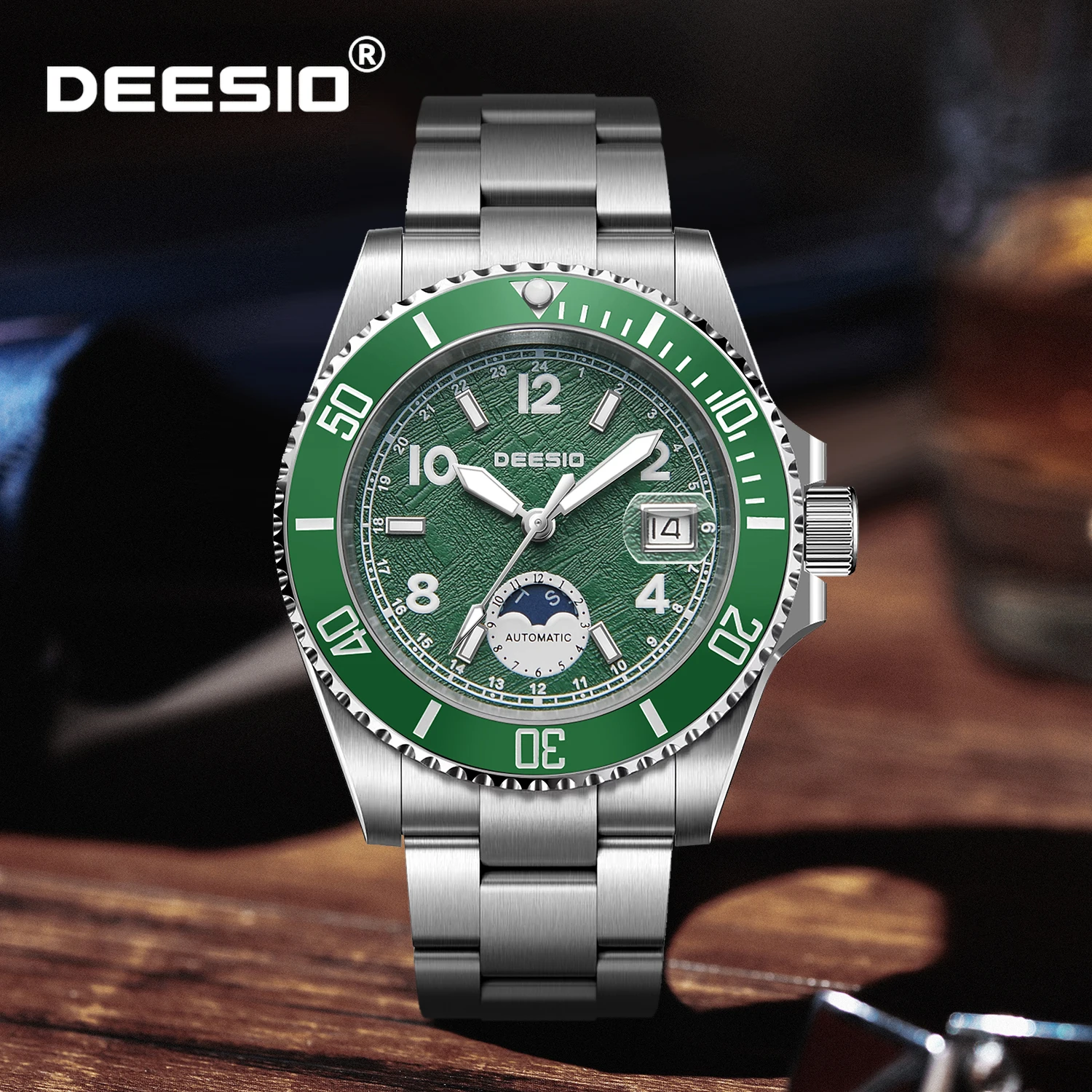 

Deesio новые роскошные мужские автоматические механические часы с сапфировым стеклом из нержавеющей стали, водонепроницаемые, светящиеся, дата, неделя, фаза Луны