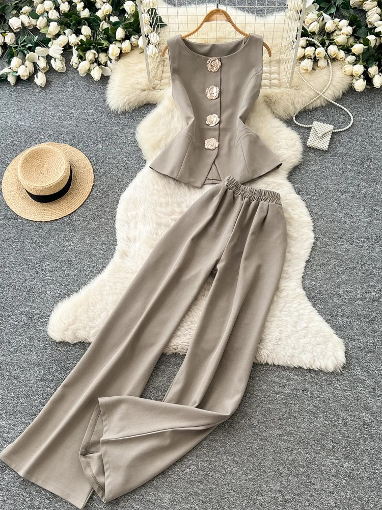 

Korean Fashion Unique Design 3D Floral Splicing Vest Top High Waist Slim Wide Leg Pants Spring Summer Set Women's Clothing