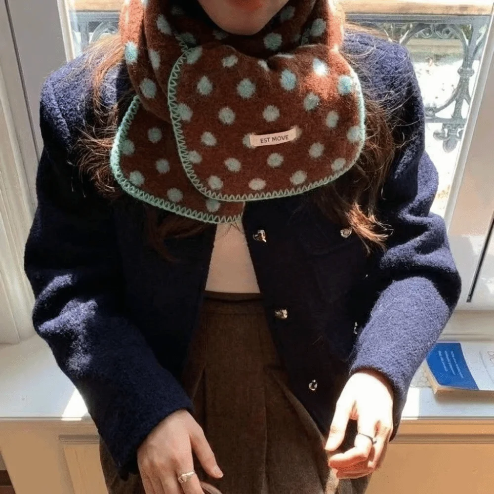 Fashion Color-Block Polka Dot Scarf Lightweight Windproof Wool Scarf Double-Sided Warm Neck Warmer Student