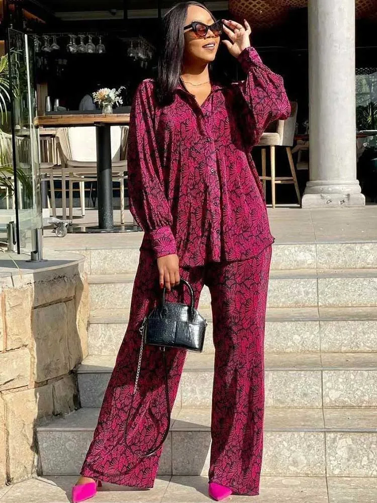 Casual Vacation Outfits Woman Spring Summer Printed Loose Fit Shirt Matching Ladies Pants Set African Fashion Women Clothes view 6