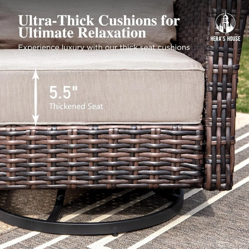 Set furnitur teras, kursi putar belakang tinggi dengan bantal tebal 5.5 ", Set percakapan anyaman luar ruangan ukuran besar untuk halaman belakang taman