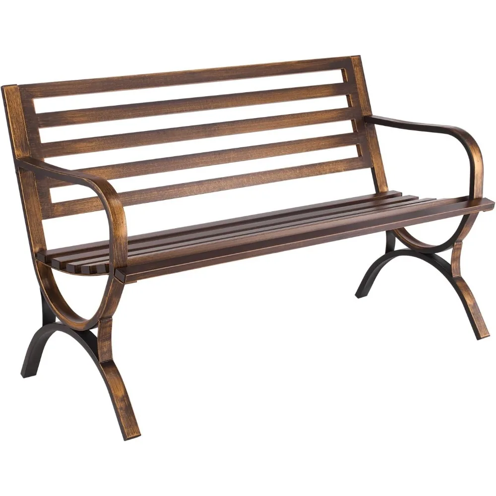 

Outdoor Bench, 50 inch, Carbon Steel Metal Frame with Slatted Pattern Backrest and Round Edge Armrests, Weatherproof Outside Be