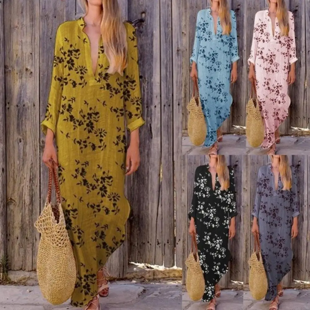 Cotton Linen Boho Holiday Dress Long Sleeves Women Spring Casual African Dashiki Print Front Slit Maxi Tunic V Neck Dress