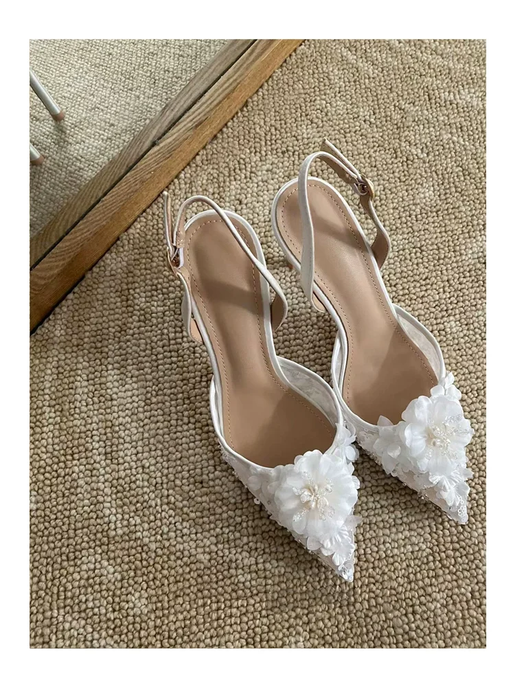 Summer new pointed mesh lace rhinestone bead white flower wedding shoes banquet dress slim heel high-heeled women's sandals