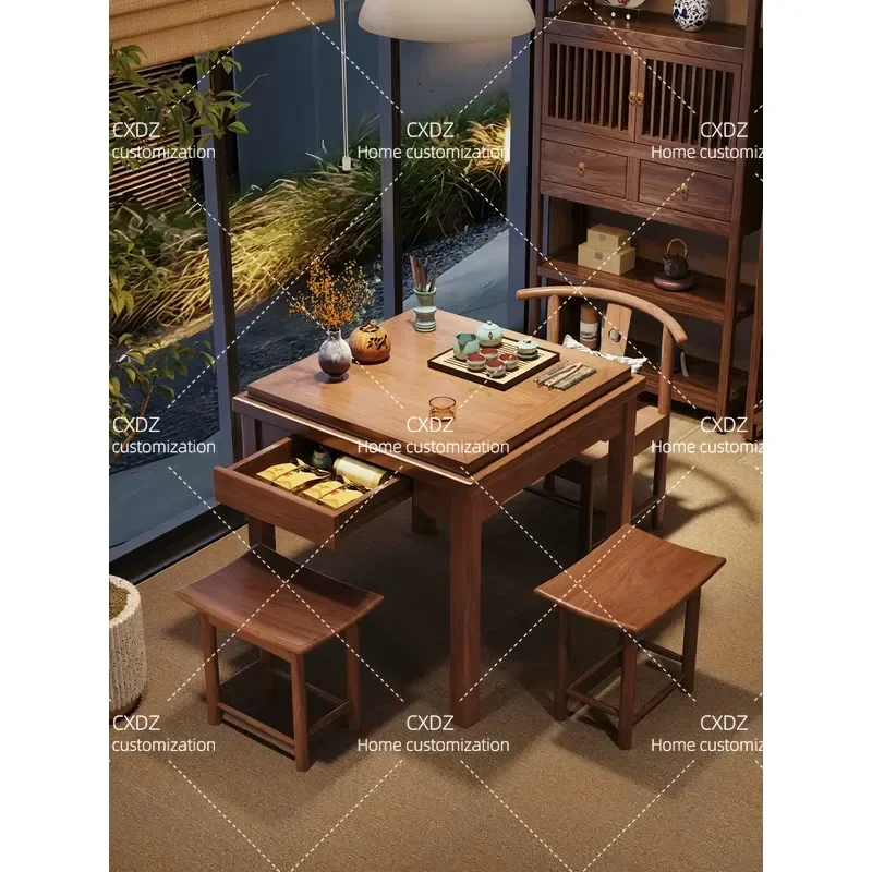 Solid Wood Balcony Tea Table and Chair Set New Chinese Style Retractable Square Coffee Table Household Small Furniture