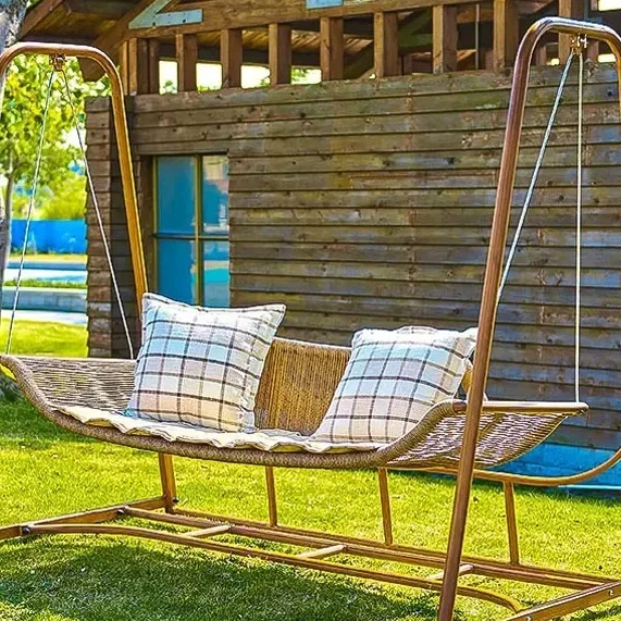 

Outdoor Garden Swing Chair Wood Colorful Swing Waterproof Sunproof Rattan Rocker Patio Swing Chair