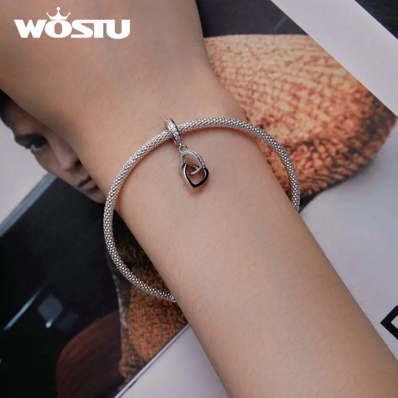 WOSTU HOT SALE 925 Sterling Silver Love Heart Shape Bead Charm Pendant For Women Fit Bracelet DIY Necklace Original Jewelry Gift