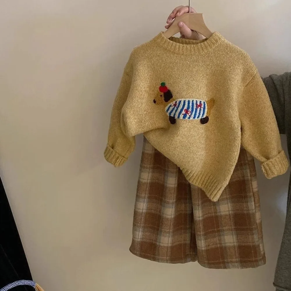 

Two-piece Set Autumn and Winter Girls' Outfit Korean Version Kids Clothes 2025 Long Sleeved Cartoon Sweater Top+Checkered Pants