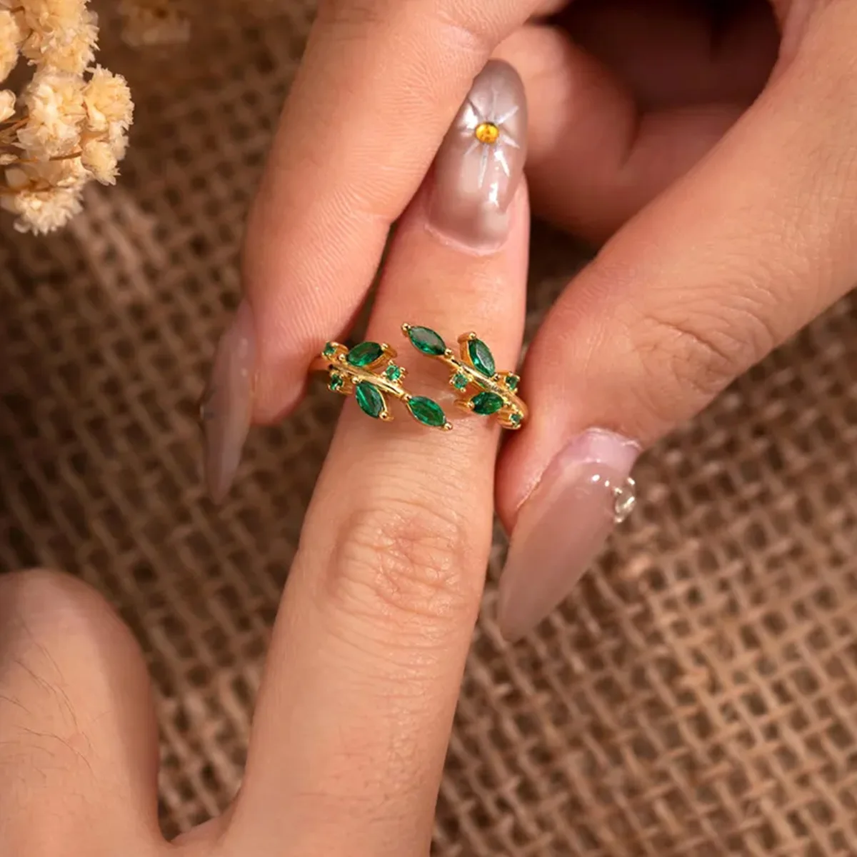 Zircon Green Leaf Rings For Women Gold Color Open Adjustable Ring Wedding May Birthstone Ring Jewelry Mother's Day Party Gifts