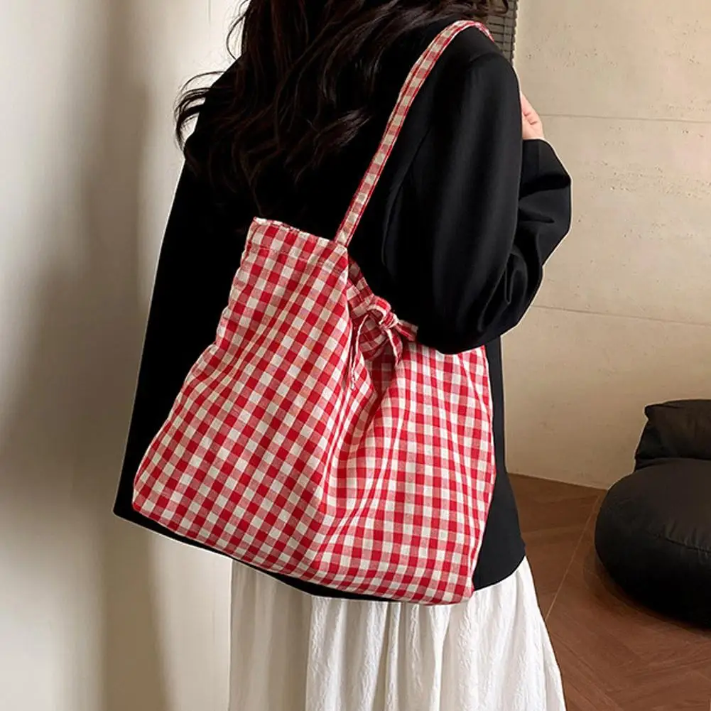 Cute Gingham Tote Bag Casual Plaid Tote Lightweight Shoulder Bag Gingham Large Capacity Handbag Work Travel Beach & Daily Use