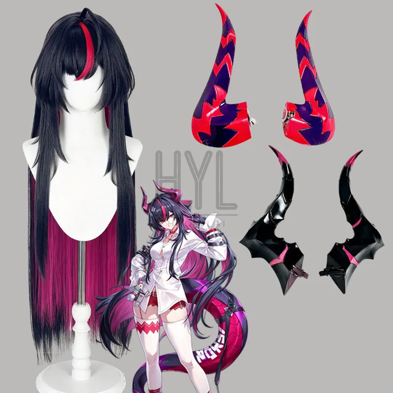 Game Neverness To Everness Shinku Cosplay Wig Black Red Long Synthetic Hair Horn For Women Halloween Carnival Party Costume Prop