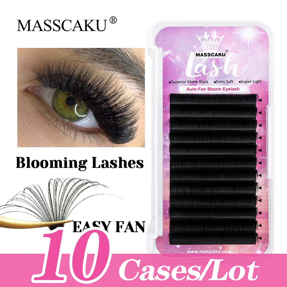 Hot Sale 10cases/lot Matte Dark Black Synthetic Mink Easy Fanning Eyelash Natural Multi-texture Auto Blooming Lash from MASSCAKU