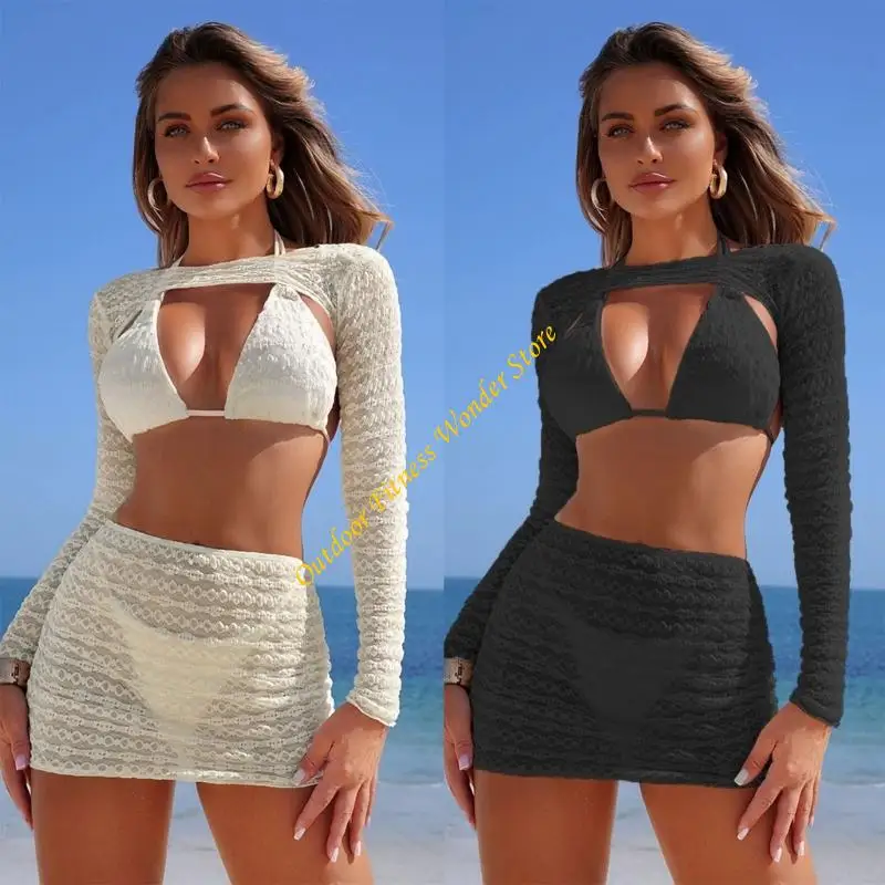 

E8BF Women Two Piece Swimsuit Halterneck Bathing Suit with Beach Coverup Shirt and Skirt Two Piece Triangular Thong Swimwears