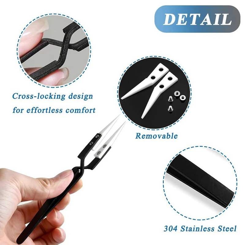 3Pcs Precision Ceramic Reverse Tweezers, Straight & Curved Tips Tweezers Set, Stainless Steel Tweezers-A22G