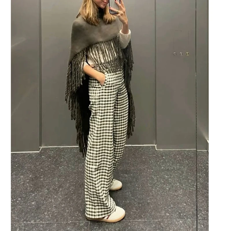 Combhasaki Damesponcho Wollen Sjaal Verpakt Cape Pashmina met Kwastjes Y2k Poncho Trui Gebreid Vest voor Herfst en Winter