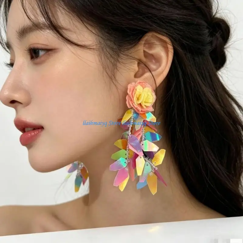 573B Colorful Flower Sequins Fringe Earrings With Sensitive Skin Friendly Posts For Women Girls
