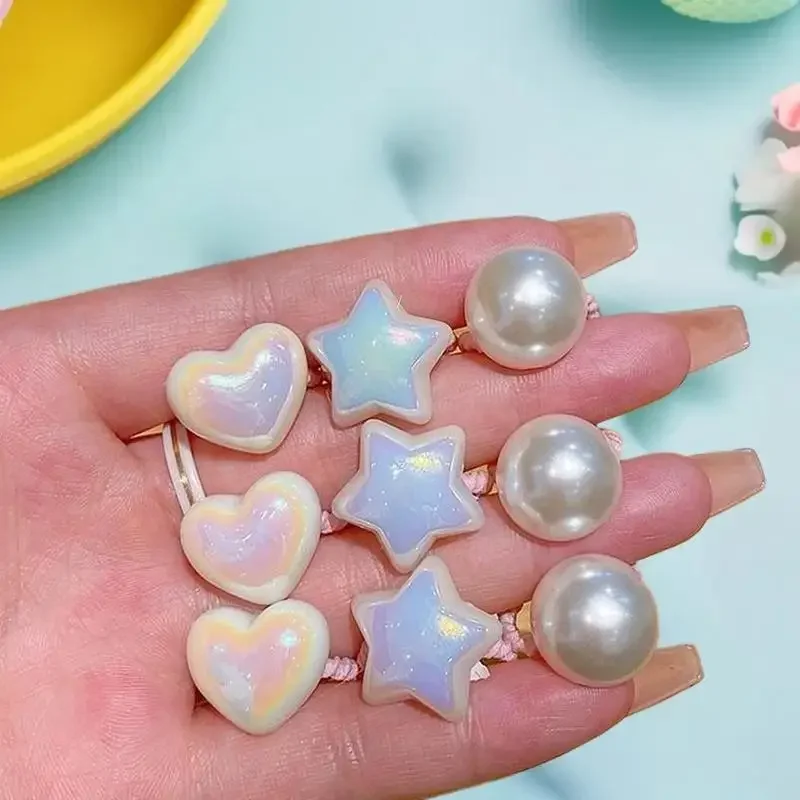 مجموعة من 10 حبال شعر لطيفة على شكل قلب ونجمة ولؤلؤية للأطفال؛ إكسسوارات شعر بأربطة مطاطية مرنة لفتاة الأميرة