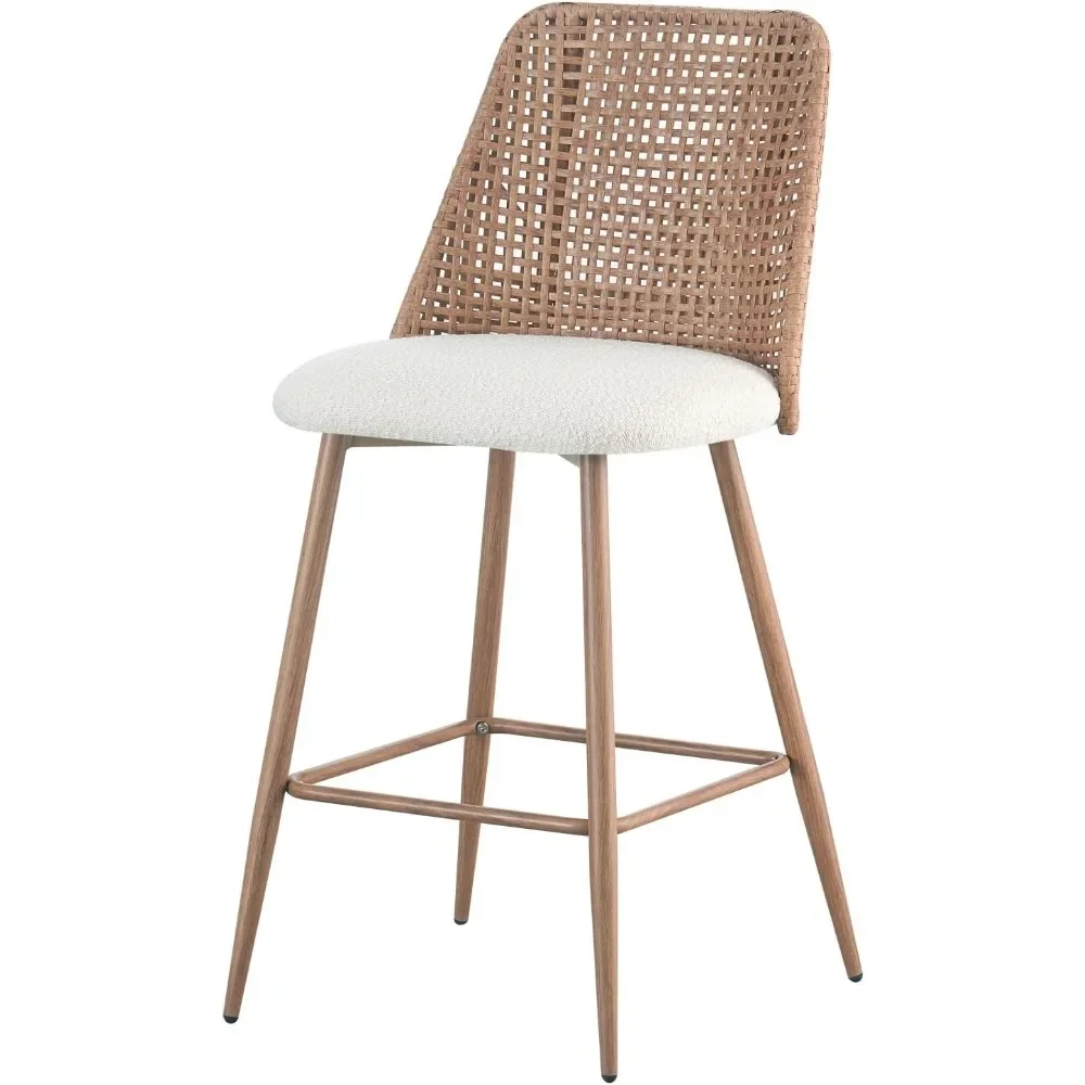 Rattan Counter Height Bar Stools, Upholstered Boucle Barstools with PE Rattan Back,Stools Armless Bar Chairs