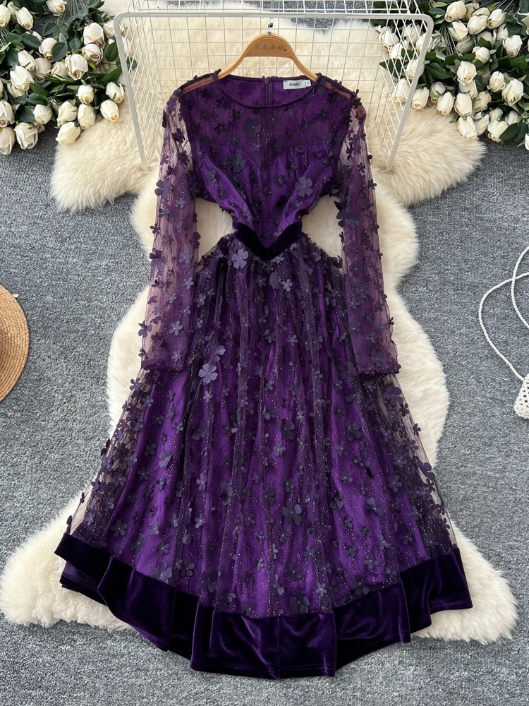 Sukienka damska w kształcie litery A z bogatym haftem, kwiatami 3D, tiulową tkaniną i wyszczuplającym krojem w talii, idealna na sezon jesienny.